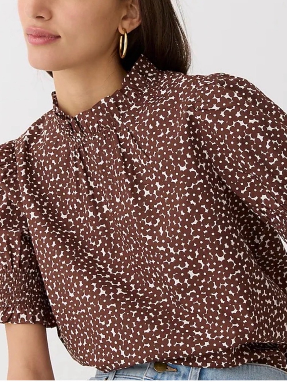 J Crew Smocked Cotton Poplin Puff Sleeve Top in Mocha Floral